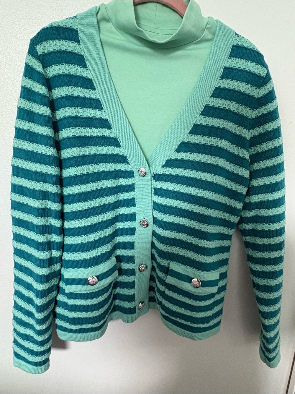 Isaac Mizrahi Teal and Mint Striped V-Neck Cardigan
